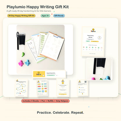 Playlumio Happy Writing Gift Kit complete kit with grooved books pen refills grip helpers stickers tracker certificate pouch and parent guide