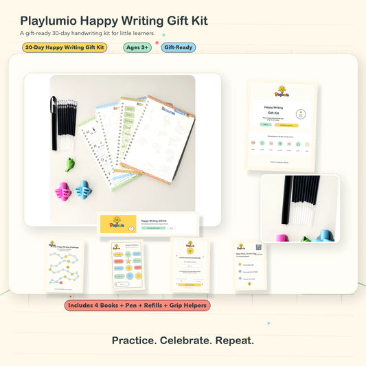 Playlumio Happy Writing Gift Kit complete kit with grooved books pen refills grip helpers stickers tracker certificate pouch and parent guide