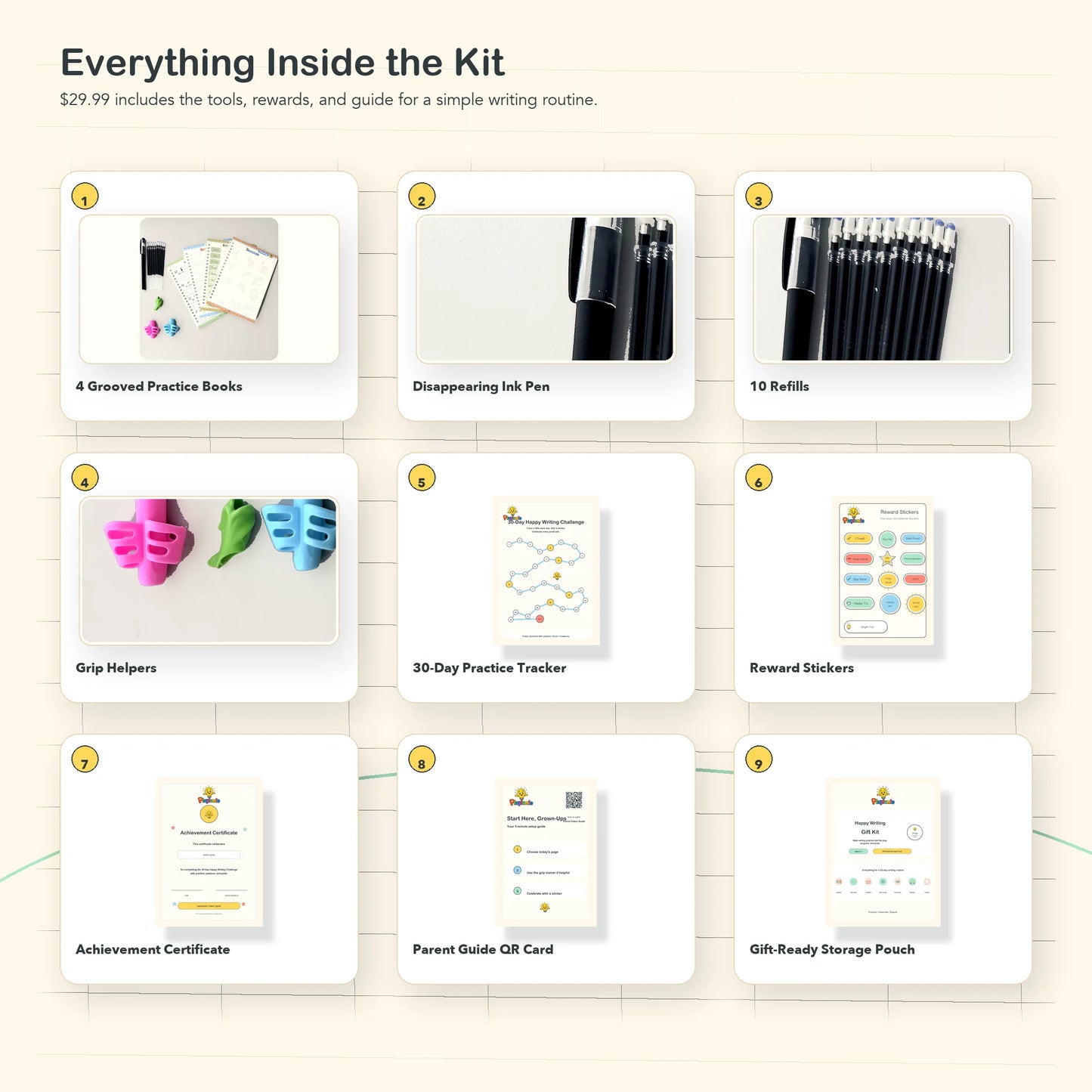 Everything inside the Playlumio Happy Writing Gift Kit