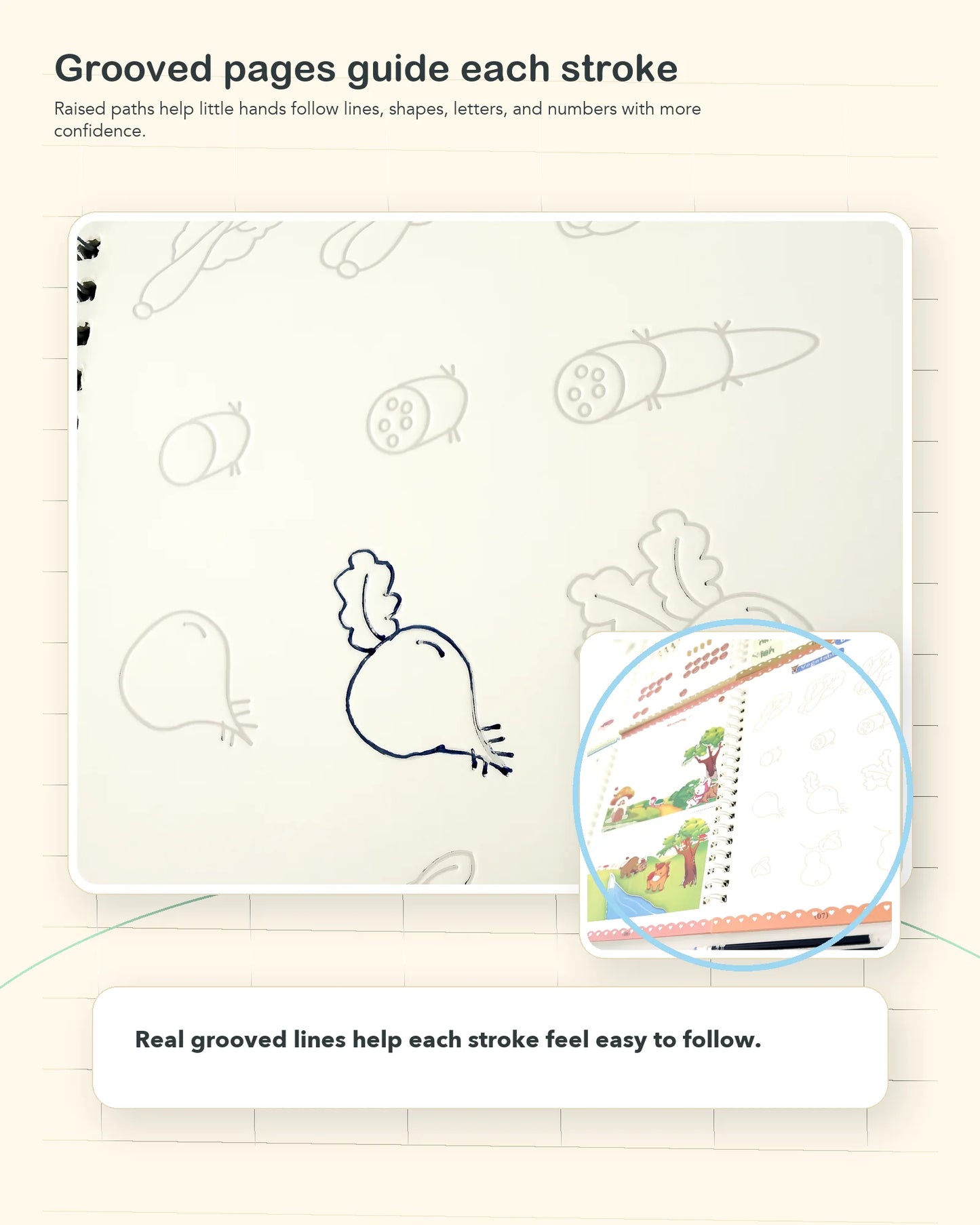 Grooved pages detail showing stroke paths for handwriting practice