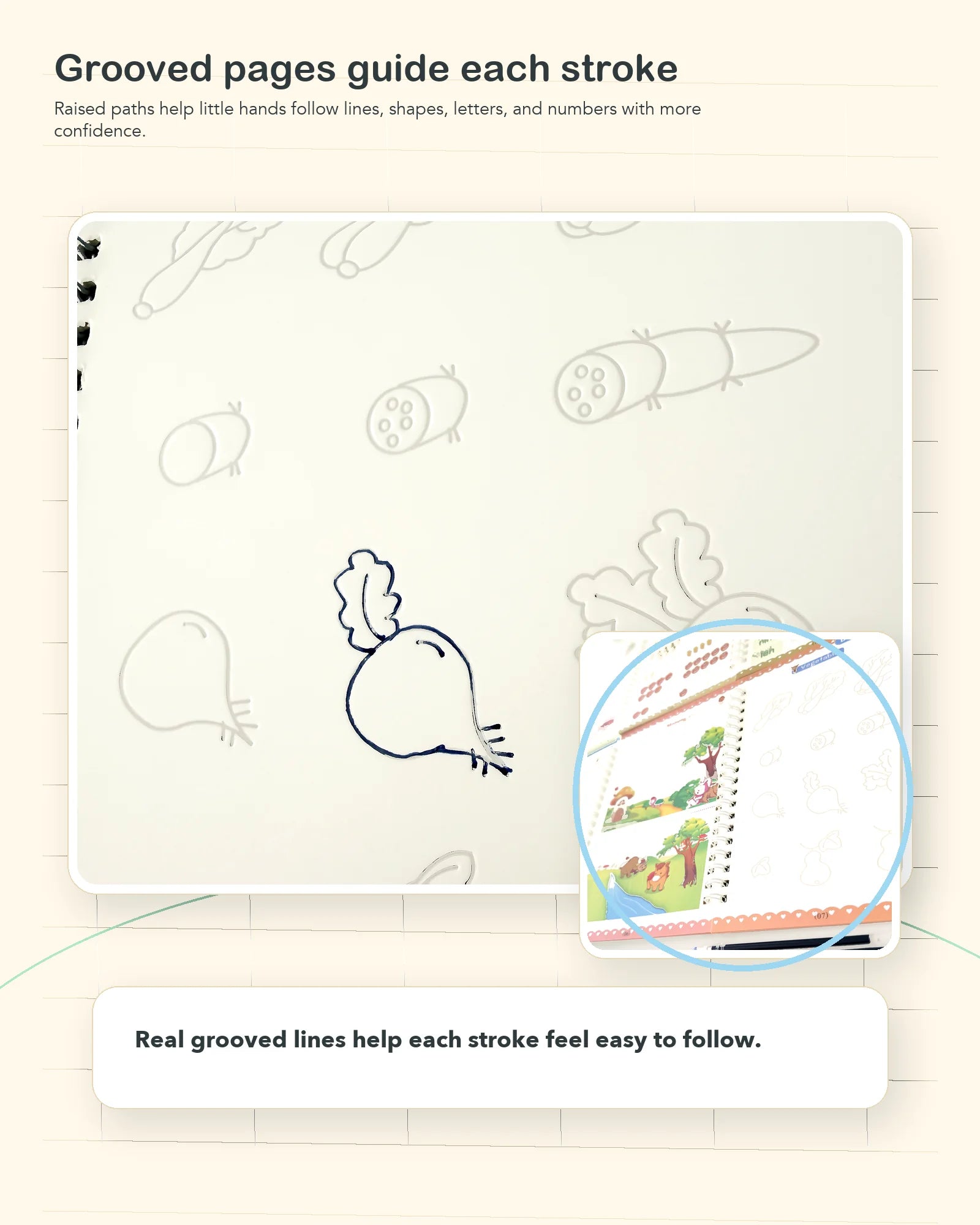Grooved pages detail showing stroke paths for handwriting practice