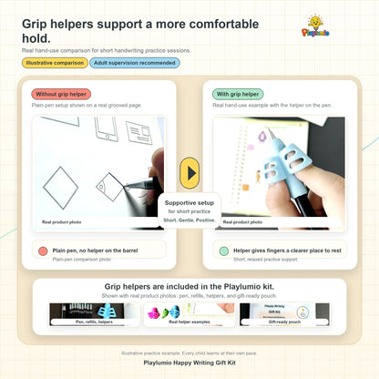 Illustrative comparison of handwriting practice with and without grip helper using Playlumio Happy Writing Gift Kit.