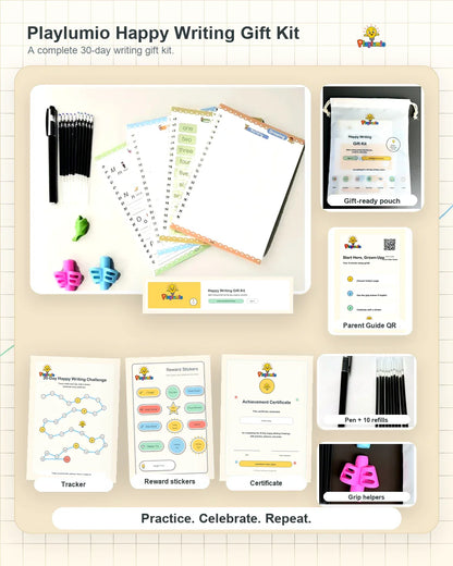 Playlumio Happy Writing Gift Kit complete landing page image showing real product flat lay, gift-ready pouch, tracker, reward stickers, certificate, parent guide QR card, pen, 10 refills, and grip helpers.