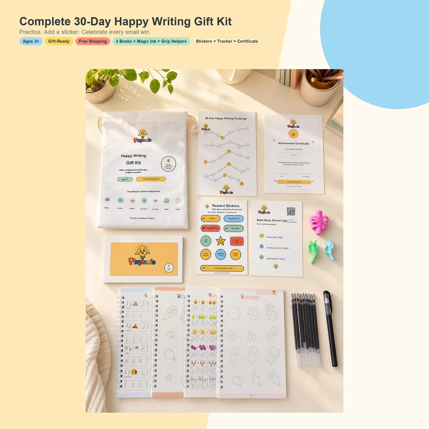 Playlumio Happy Writing Gift Kit with grooved practice books, magic ink pen, grip helpers, stickers, tracker, certificate, and gift pouch.