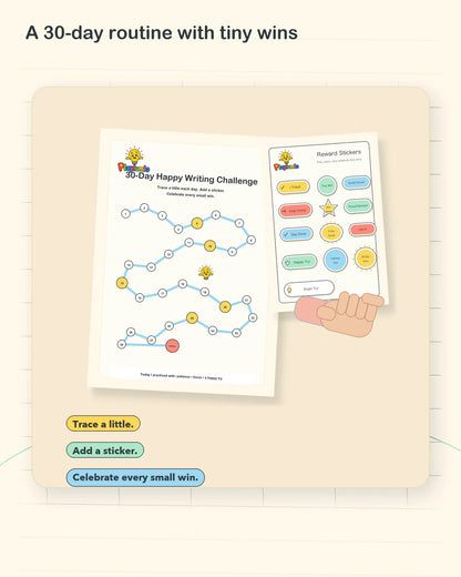 30-Day Happy Writing Challenge tracker stickers and daily practice routine