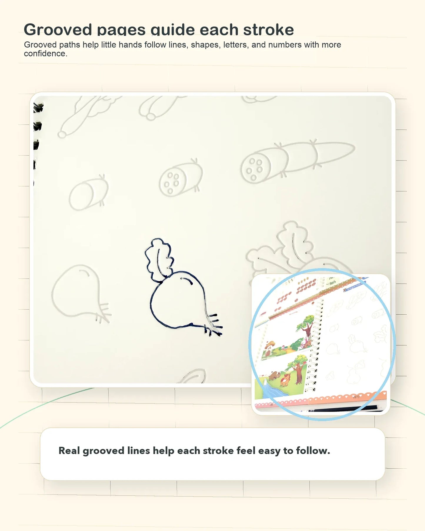 Grooved pages detail showing stroke paths for handwriting practice