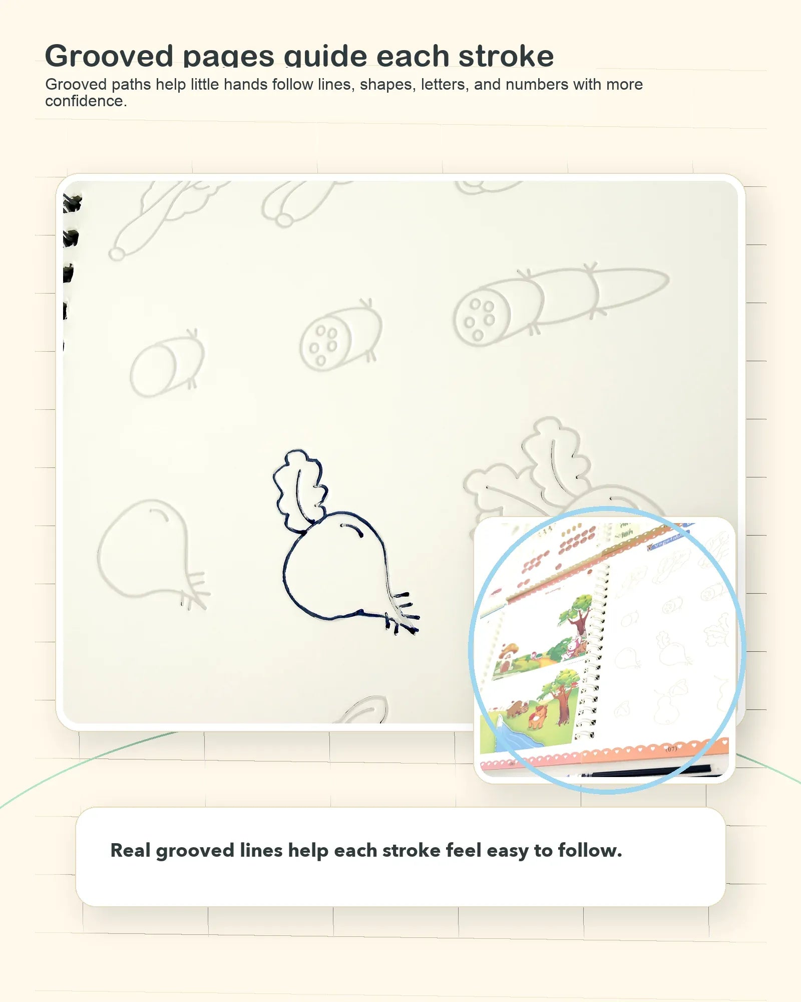Grooved pages detail showing stroke paths for handwriting practice