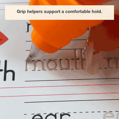 Animated close-up of the grip helper supporting a comfortable pencil hold