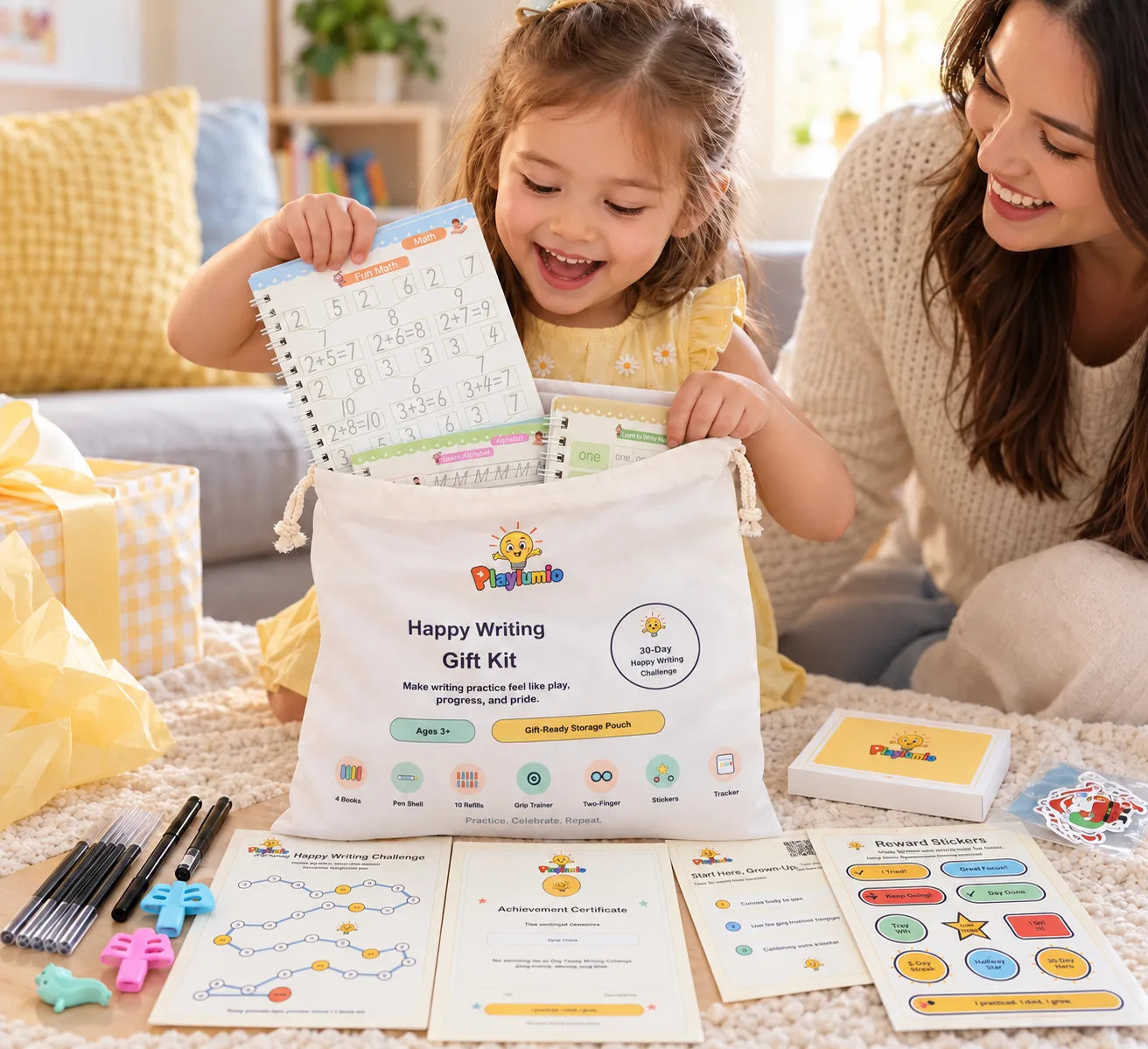 A child opening the Playlumio gift-ready writing kit with a parent